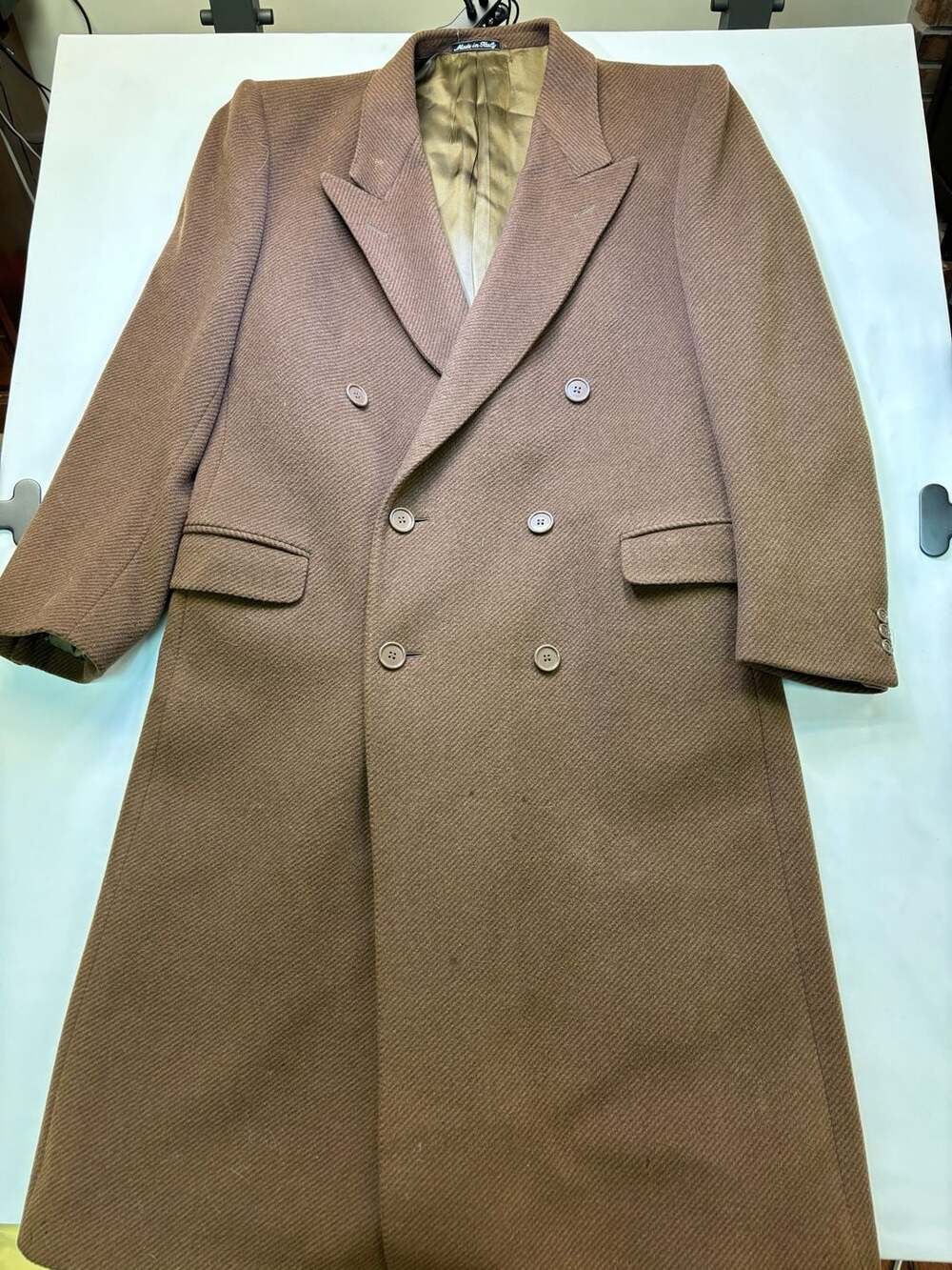 Mani by Giorgio Armani Brown Herringbone Double Breasted Wool Overcoat